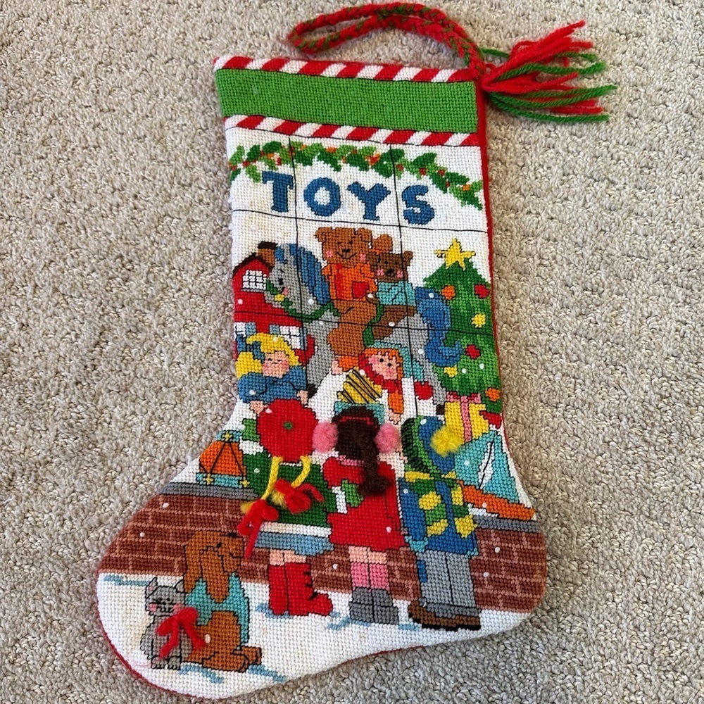 Bucilla Vintage 1980s Needlepoint Christmas Stocking Handmade Toy Shop Decor